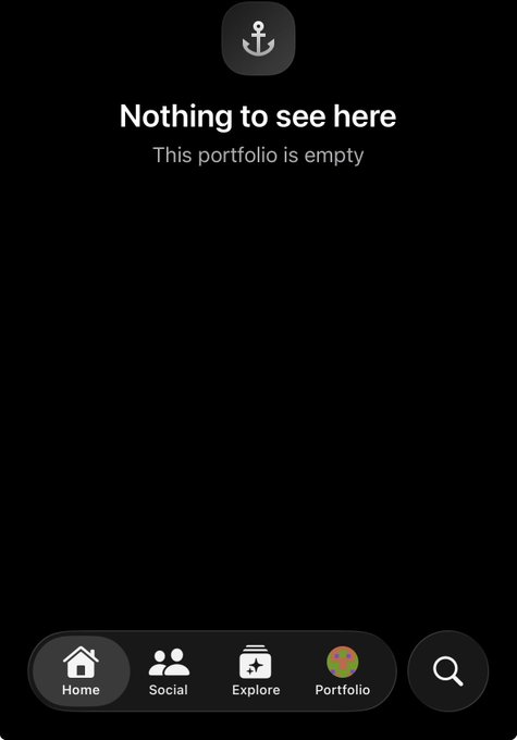 A screenshot of the OpenSea mobile app's Portfolio tab displays "Nothing to see here — This portfolio is empty" with the anchor logo, reflecting the poster's new account before they've had a chance to add any NFTs using their invite code.