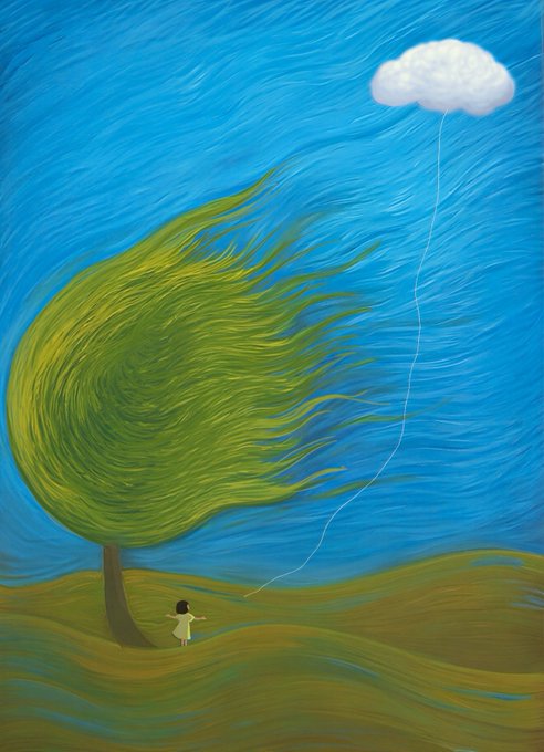 A painting of a person flying a kite shaped like a cloud, with their hair blowing in the wind against a blue sky and green landscape.