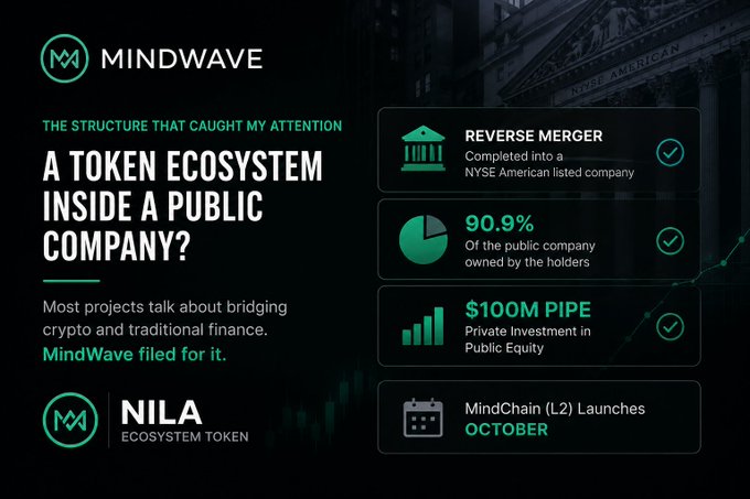 A promotional graphic for MindWave and the NILA Ecosystem Token highlights a 'TOKEN ECOSYSTEM INSIDE A PUBLIC COMPANY,' noting a 'REVERSE MERGER' completed into a NYSE American listed company, with 90.9% public ownership, a $100M PIPE, and an October MindChain (L2) launch.