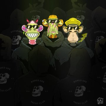 A dark illustration featuring three colorful cartoon monkey characters (pink, green, and brown) wearing sunglasses and hats, standing in front of a crowd of shadowy figures labeled 'BORED APE YACHT CLUB.'