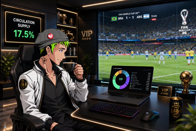 An anime-styled character relaxes in a VIP lounge watching a Brazil vs. Argentina World Cup match, surrounded by crypto analytics screens and a "17.5% CIRCULATION SUPPLY" sign. The image visually echoes the post's tokenomics reveal by linking the 17.5% circulating supply to Predict Protocol's broader fair-launch narrative, framing crypto as both a global spectacle and a community-driven ecosystem.