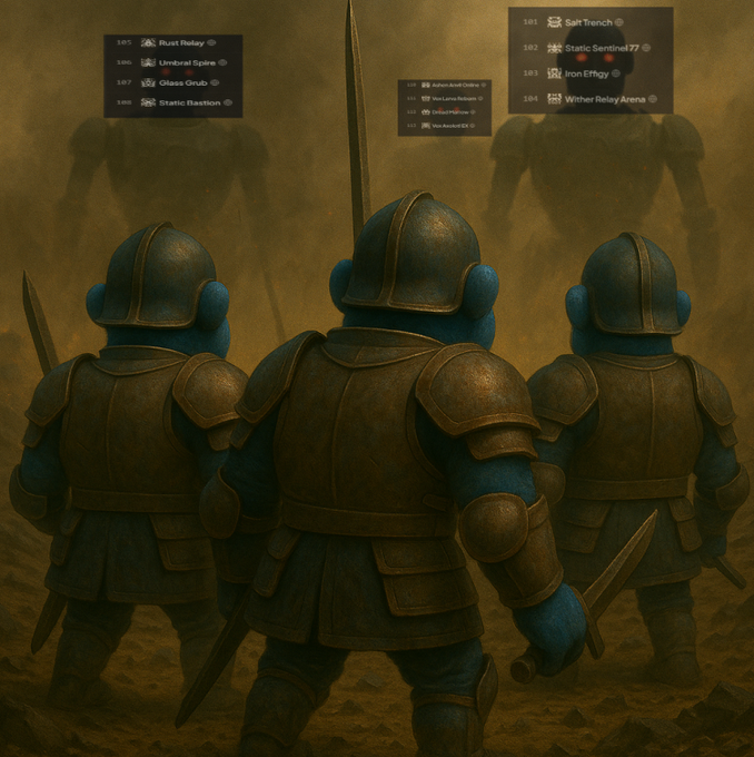 Three blue-armored dwarven warriors stand with their backs turned, swords drawn, facing ominous shadowy figures emerging from a dusty haze, overlaid with in-game equipment stats like "Rust Relay," "Umbral Spire," "Glass Grub," "Static Bastion," "Salt Trench," "Static Sentinel-77," "Iron Effigy," and "Winter Relay Arena." The image reinforces the post's rallying cry to "keep fighting," depicting warriors gearing up for battle against unseen threats — a fitting visual metaphor for standing firm against the bot-driven metrics plaguing $RONKE on the Ronin Network.
