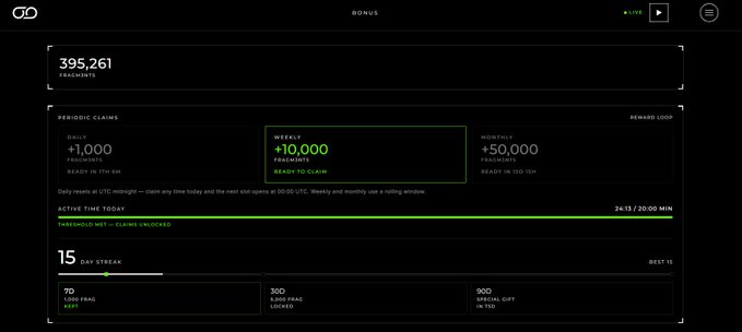 A dark-themed cryptocurrency dashboard displaying 395,261 myPoints with periodic claims of +1,000, weekly +10,000, and monthly +50,000 FAPoints available, along with a 15-day streak tracker showing 'goTo myGgas (n=9)', '300 eco fracs LOCKED', and '900 special gift IN TAB', noting a 24:13 / 20.00 MIN active time.
