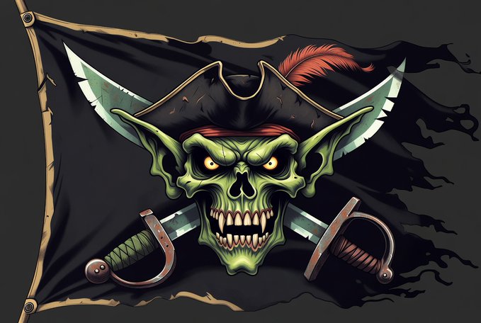 Stylized digital illustration of a pirate flag featuring a green goblin-like skull wearing a black pirate hat with a red feather, crossed behind by two swords.