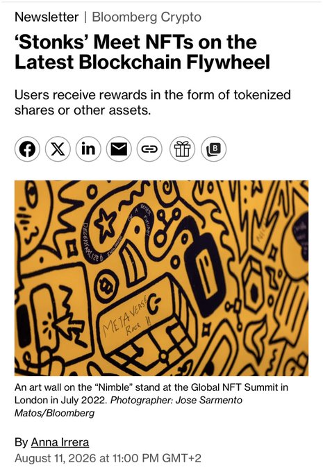 The image shows a Bloomberg Crypto newsletter article titled "'Stonks' Meet NFTs on the Latest Blockchain Flywheel," discussing tokenized rewards for users. This relates to the post's theme of "Permissionless Finance" by highlighting how blockchain technology is merging traditional stock-like rewards ("Stonks") with NFTs, exemplifying the decentralized financial innovation the post endorses.