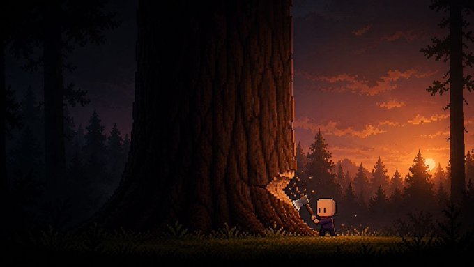 Pixel art scene depicting a small character chopping down a massive tree at sunset in a forest, with an orange and purple sky in the background.