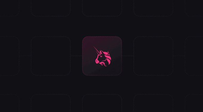 A pink unicorn logo is centered in a glowing square against a dark background of empty placeholder tiles.