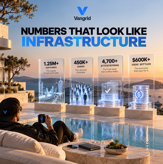 A Vangrid promotional graphic titled "NUMBERS THAT LOOK LIKE INFRASTRUCTURE," displaying statistics (1.25M+ captures, 450K+ users, 4,700+ attestations, $600K+ USDC settled) above a person relaxing by a pool.