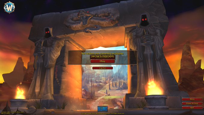 A World of Warcraft login screen shows a new character successfully available with options to create an account, view a BlizzCon 2023 advertisement, or quit, set against the Dark Portal entrance flanked by statues.