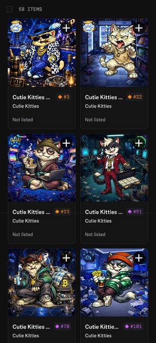 Screenshot showing a marketplace listing for 'Cutie Kitties' NFT collection, displaying six cards with various illustrated cat characters in different outfits and settings, including items #3, #22, #23, #51, #70, and #101, all marked as 'Not listed'.