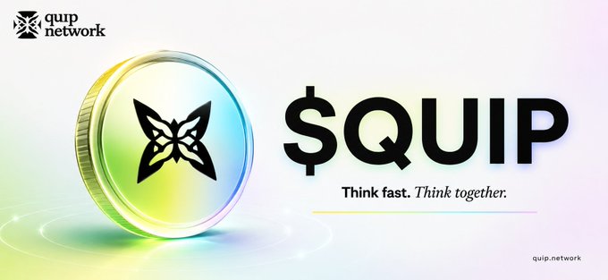 The image features a coin logo with a butterfly design that says "QUIP" on top of it, surrounded by numbers. The background is white, making the text stand out prominently against it. The image also includes some text about the coin, such as its current price and the token's token type (ether or ethereum). It appears to be related to a cryptocurrency project, as indicated by the use of "quip" in relation to the coin name.