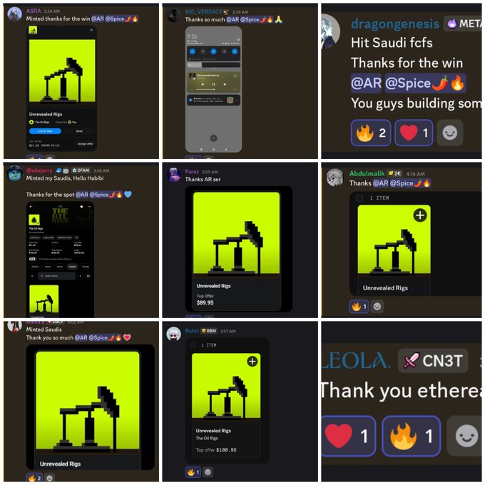 A collage of Discord messages showing users thanking @AR @Spice for winning an NFT auction titled "Unrevealed Rigs" with various top offers displayed.
