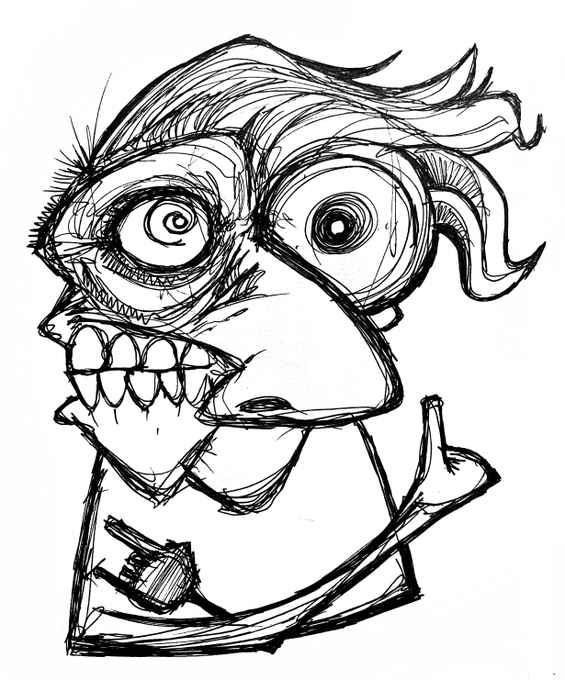 A black-and-white sketch of a stylized cartoon character with exaggerated wide eyes, wild hair, and a wide toothy grin, drawn with rough and expressive linework.