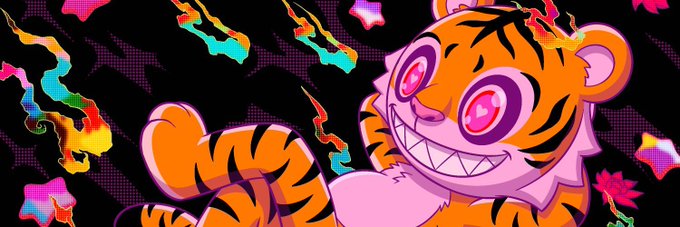 A vibrant banner featuring a cartoon tiger character with glowing pink star eyes and a wide grin against a black background with colorful pixelated flames and stars, promoting a giveaway for a guaranteed spot with @KludzNFT.