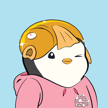 A cartoon penguin character with sparkly blonde hair, winking and wearing a pink hoodie against a light blue background.