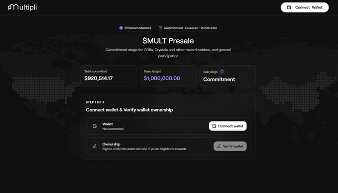 A Multipli presale page for $MULTI on Ethereum Mainnet shows a total committed amount of $920,514.17 against a raise target of $1,000,000, with a step-by-step wallet connection process.