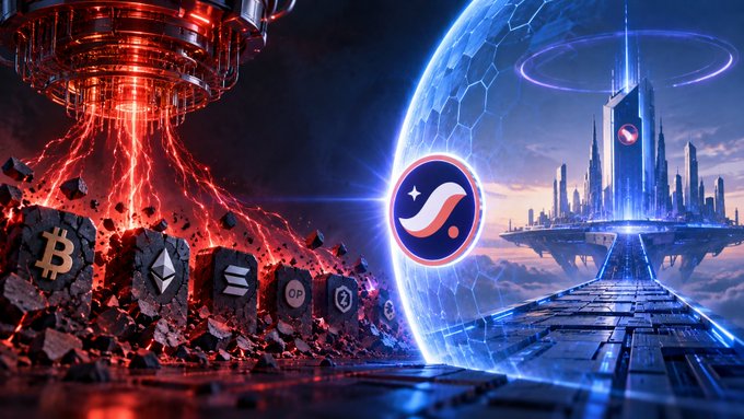 A dramatic digital artwork depicts a futuristic cityscape on one side and a fiery red apocalyptic scene with cryptocurrency symbols (Bitcoin, Ethereum, Solana, and Optimism) on the other, divided by a blue energy shield featuring the StarryNift logo.