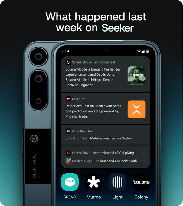 iphone screen displays a news app with the headline "What happened last week on Seeker" and a list of articles, including "SOLANA Mobile is bringing the full dev to the public".