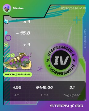 The image features a purple and green poster displaying information about a fitness challenge, specifically a step counter app called "StepN Go!". The poster includes details such as the name of the app, the number of steps taken, and the time spent walking. It also shows a picture of a shoe with the text "walker #3598122445". The post is related to the fitness challenge because it promotes the use of the step counter app for tracking physical activity levels during exercise or daily routines.