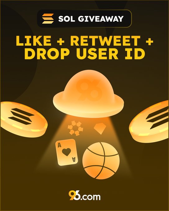 A promotional graphic for a Solana (SOL) giveaway on 96.com, featuring an orange UFO beaming up Solana-branded icons (coins, an ace card, a basketball, and gems) against a dark background, with instructions to "LIKE + RETWEET + DROP USER ID." The image visually reinforces the post's call to action, encouraging users to engage with the giveaway for a chance to win 1 SOL.