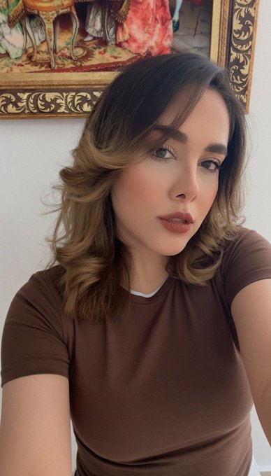 A woman with shoulder-length wavy highlighted hair poses for a selfie wearing a brown t-shirt, with an ornate gold-framed painting visible in the background.