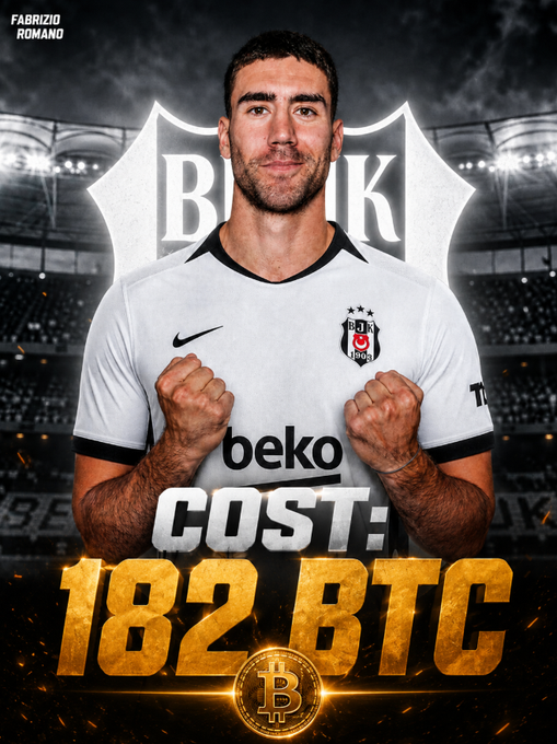A sports graphic features soccer player Fabrizio Romano (likely meant to be a player, with the designer name visible) in a white Beşiktaş jersey with clenched fists, displaying "COST: 182 BTC" in large gold text below.