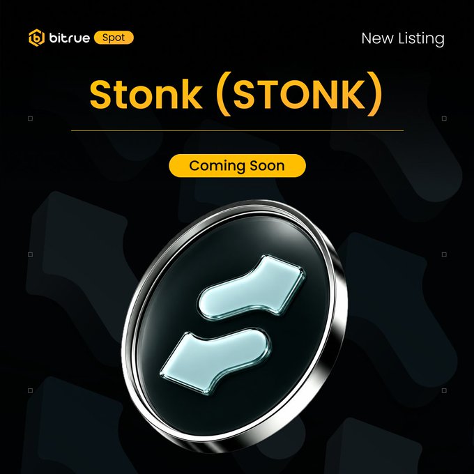 A Bitrue Spot announcement promoting the new listing of Stonk (STONK), featuring a silver coin emblem with the token's "=" logo and a "Coming Soon" badge ahead of the September 28, 03:00 (UTC) STONK/USDT trading launch on the Solana network.