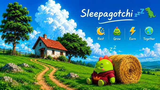 A promotional banner for "Sleepagotchi" featuring a sleeping green dinosaur next to a hay bale in a countryside scene, with icons labeled "Rest, Grow, Earn, Together."