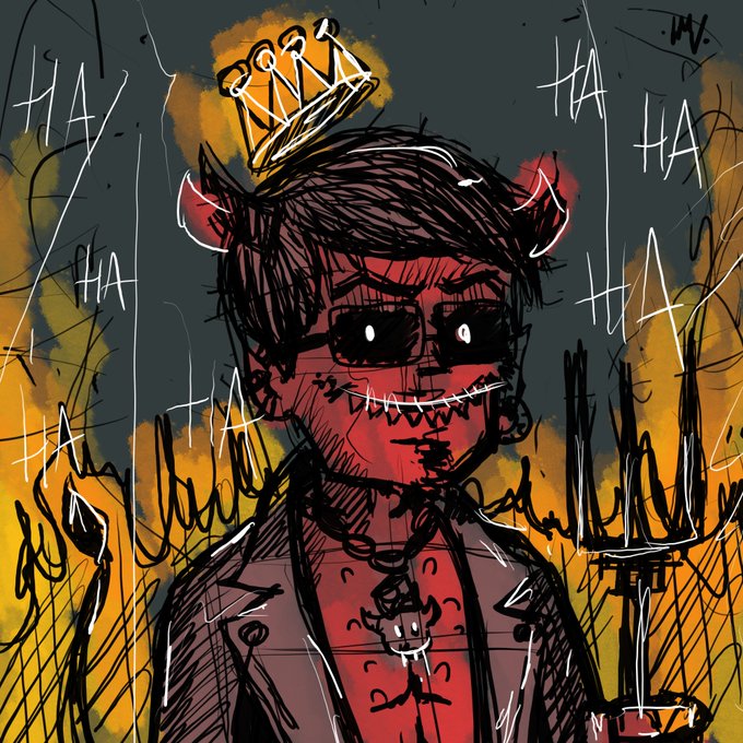 A sketchy, dark-toned illustration shows a red-skinned character with small horns, a crown, dark glasses, and a wide stitched grin surrounded by the word 'HA' repeated in white text amidst yellow flame-like scribbles.