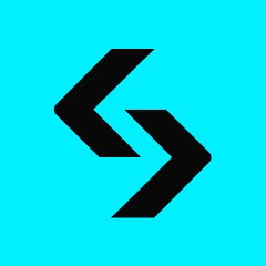 A simple black geometric logo composed of two interlocking angular shapes on a bright cyan background.