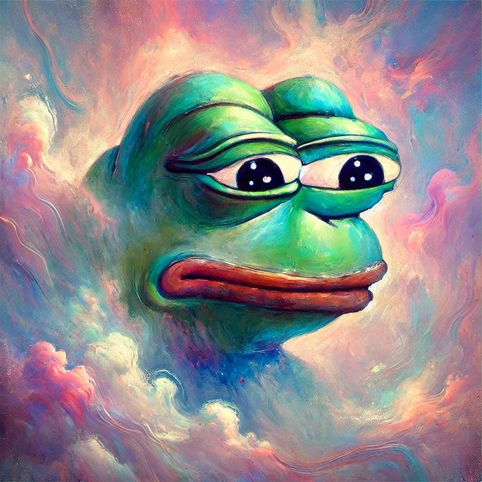 A colorful, expressive painting of the Pepe the Frog meme character with large, glossy eyes set against a swirling, pastel-colored cloudy background.