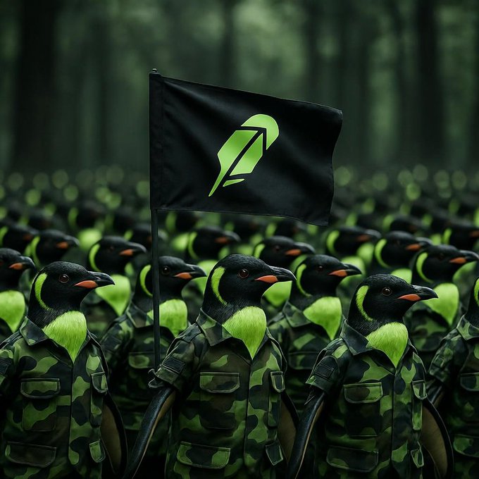 A surreal digital illustration of an army of penguins dressed in camouflage military uniforms, with one holding a black flag featuring a green rocket logo (Robinhood).