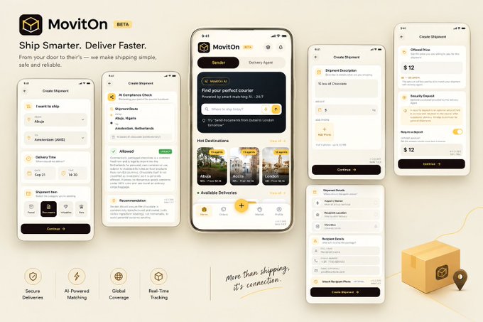 A promotional graphic for the 'MovitOn BETA' shipping app with the tagline 'Ship Smarter. Deliver Faster.', showing multiple phone screens displaying the shipment creation interface alongside feature icons for Secure Deliveries, AI-Powered Matching, Global Coverage, and Real-Time Tracking.