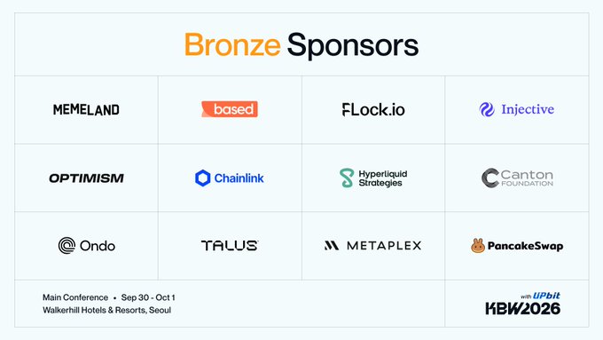 A 'Bronze Sponsors' graphic for KBW2026 (Sep 30 - Oct 1 at Walkerhill Hotels & Resorts, Seoul) listing logos including MEMELAND, based, FLock.io, Injective, OPTIMISM, Chainlink, Hyperliquid Strategies, Canton Foundation, Ondo, TALUS, METAPLEX, and PancakeSwap.