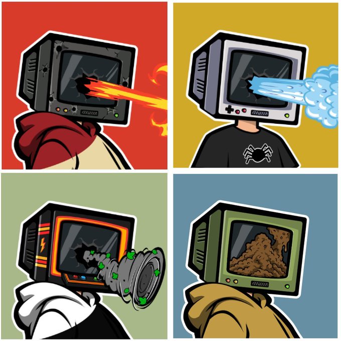 A four-panel cartoon illustration of characters with retro CRT monitor heads displaying various abilities—fire breathing, ice breathing, mechanical tentacles, and a mud monster form—against red, yellow, green, and blue backgrounds.