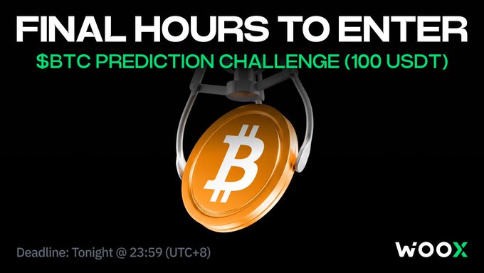 A WOOX promotional graphic reading 'FINAL HOURS TO ENTER $BTC PREDICTION CHALLENGE (100 USDT)' featuring a 3D Bitcoin coin.