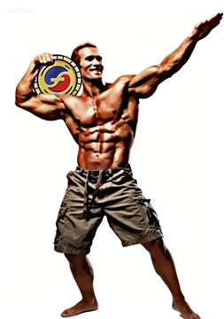 A muscular shirtless man wearing camouflage shorts poses in a victory stance with arms flexed, holding what appears to be a championship belt with a red, blue, and yellow logo, set against a white background.