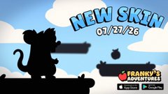 A promotional banner for a game with a silhouette of a monkey character, displaying 'NEW SKIN 01/21/26' and 'FRANKY'S ADVENTURES' with app store icons at the bottom.