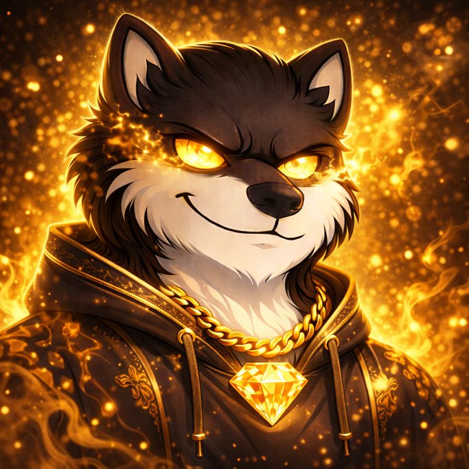 A digital art portrait of a Shiba Inu dog with glowing yellow eyes, wearing a gold chain with a diamond pendant against a fiery golden background.