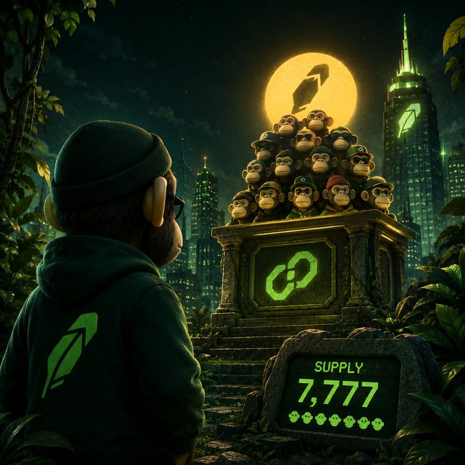 A digital artwork shows a figure in a hoodie looking at a stack of Bored Ape-style monkeys on a pedestal with a chain link logo and supply counter reading 7,777, set against a nighttime cityscape with a full moon.