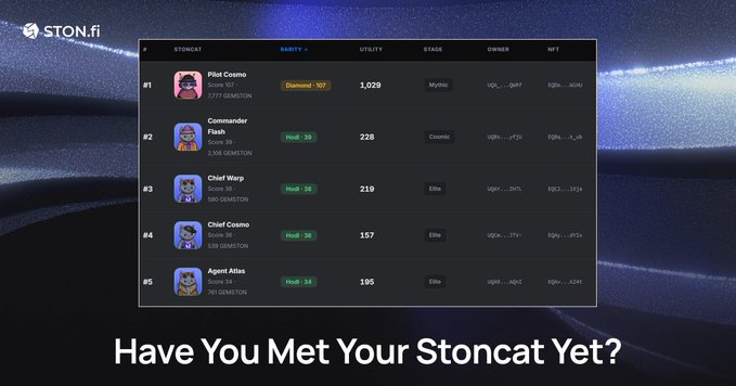 A screenshot of a digital ranking or marketplace interface for 'STON.fi' displaying a list of digital cats with 'Rarity' and 'Utility' stats, captioned with 'Have You Met Your Stoncat Yet?'.
