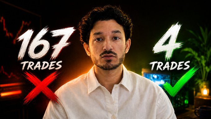 A man in a white shirt stands centered between two graphics: "167 TRADES" marked with a red X on the left, and "4 TRADES" marked with a green checkmark on the right, visually reinforcing the post's message that fewer high-conviction trades outperform excessive memecoin trading activity.