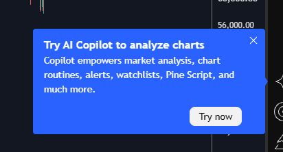 A blue promotional pop-up with text reading 'Try AI Copilot to analyze charts' and a 'Try now' button, displayed over a financial chart.