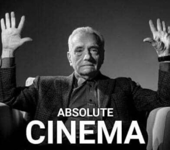 The black-and-white image shows an elderly man with his hands raised in an animated gesture, captioned "ABSOLUTE CINEMA" — used as a meme reaction to express anticipation of the movie-like drama surrounding meme tokens and AMC's upcoming price action.