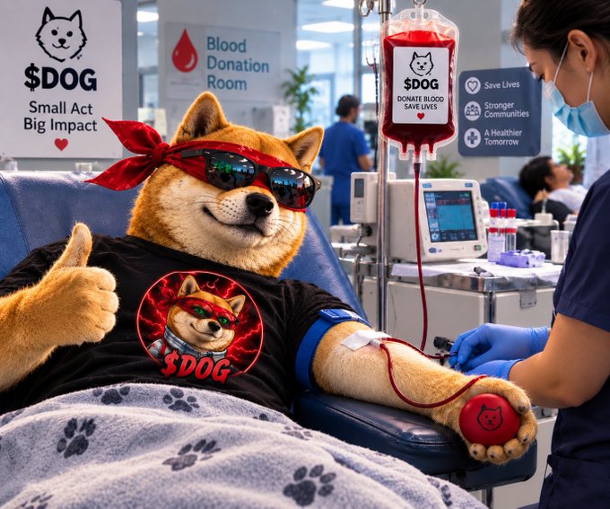 An AI-generated image shows a Shiba Inu dog wearing sunglasses and a bandana with the "$DOG" logo giving blood at a "Blood Donation Room", with medical staff and $DOG donation branding visible.