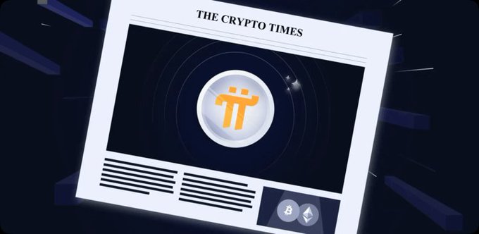 A stylized newspaper graphic titled "THE CRYPTO TIMES" features the Pi Network logo prominently displayed in the center, with Bitcoin and Ethereum icons shown in a smaller section below, visually representing Pi's emergence as a major player in the broader cryptocurrency ecosystem alongside established networks.