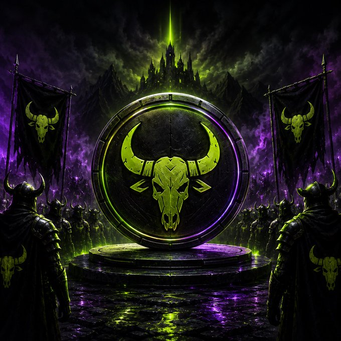 A dark fantasy digital artwork featuring a large circular shield or emblem with a glowing green horned skull/bull symbol, flanked by armored figures with horned helmets and banners bearing the same insignia, set against a purple and green ominous sky with a castle silhouette.