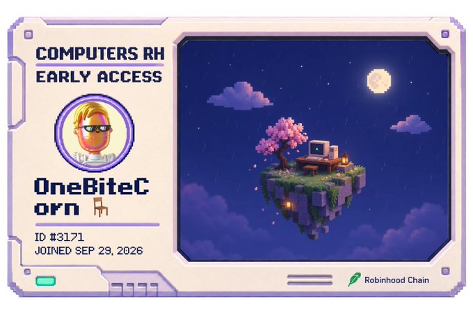 A digital ID card for "OneBiteC OPN" on the "COMPUTERS RH" platform with early access, ID #3171, joined SEP 29, 2026, featuring a pixel art avatar and a fantasy island scene with a cherry blossom tree and retro computer, branded with Robinhood Chain.