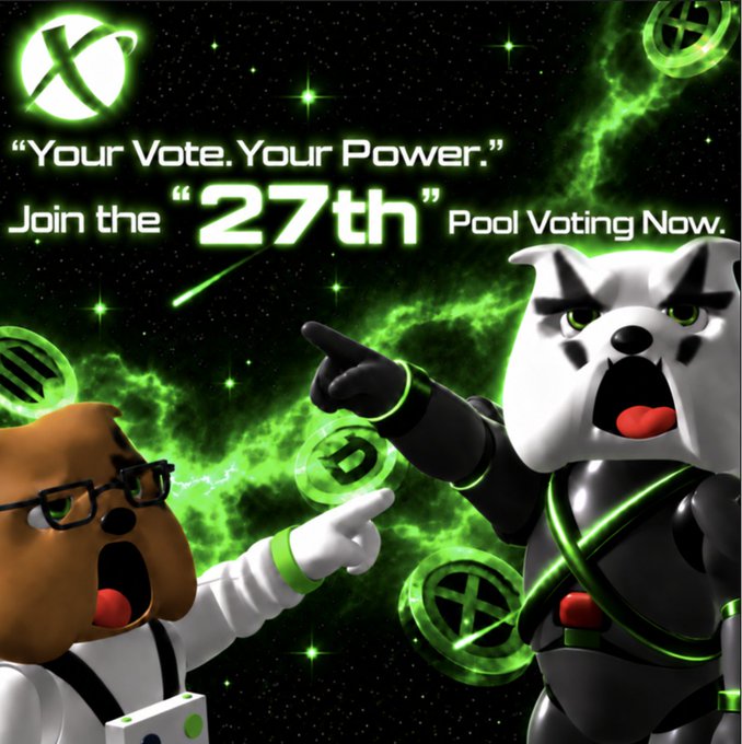 A promotional graphic for the '27th' Pool Voting with the text 'Your Vote. Your Power.' and 'Join the 27th Pool Voting Now,' featuring cartoon dog characters with green energy effects and an X logo.