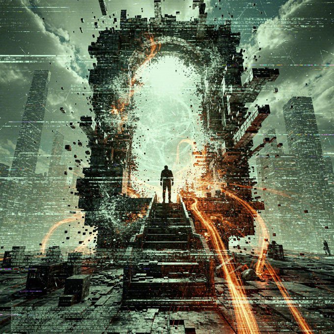 A dramatic digital art piece showing a silhouetted figure standing on stairs before a massive, crumbling portal of dark stone, with orange energy swirling through it amid a cloudy, glitchy sky.